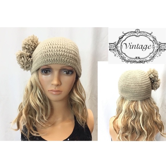 Vintage Hand Made Boho Tan Crochet Tassel Ball Winter Hat Beanie One Size - Picture 1 of 10